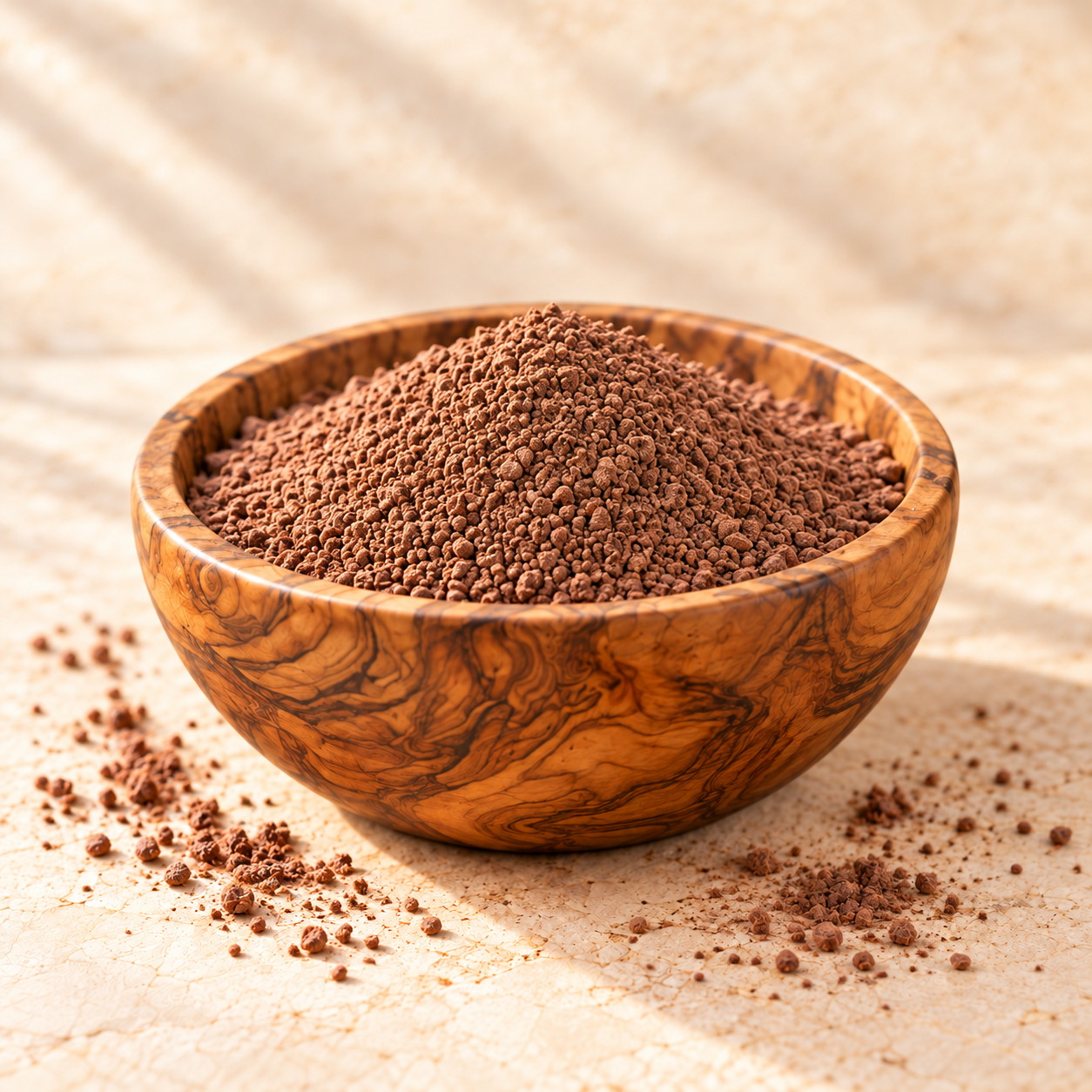 Finely granulated Colombian chocolate powder in a bowl