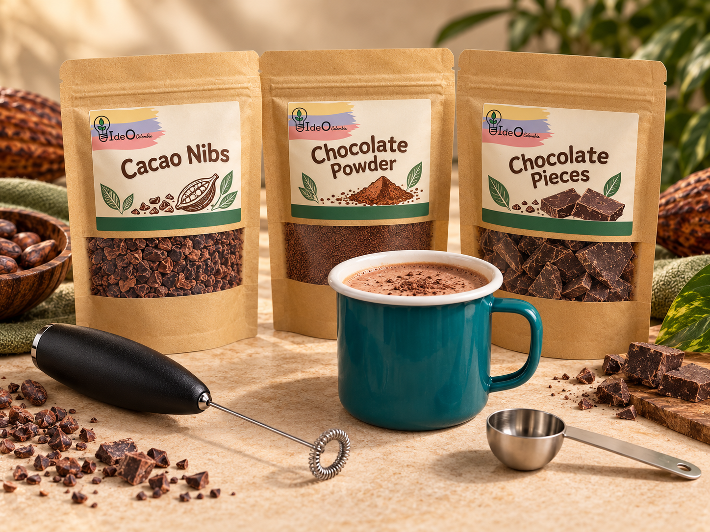 IdeoColombia Starter Kit with three cacao product bags, a teal rustic mug, measuring scoop and handheld frother